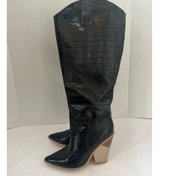 Women's Tall Black Western Croc Embossed Boots with Cutout Block Heel Size 38/8 - Picture 5 of 9